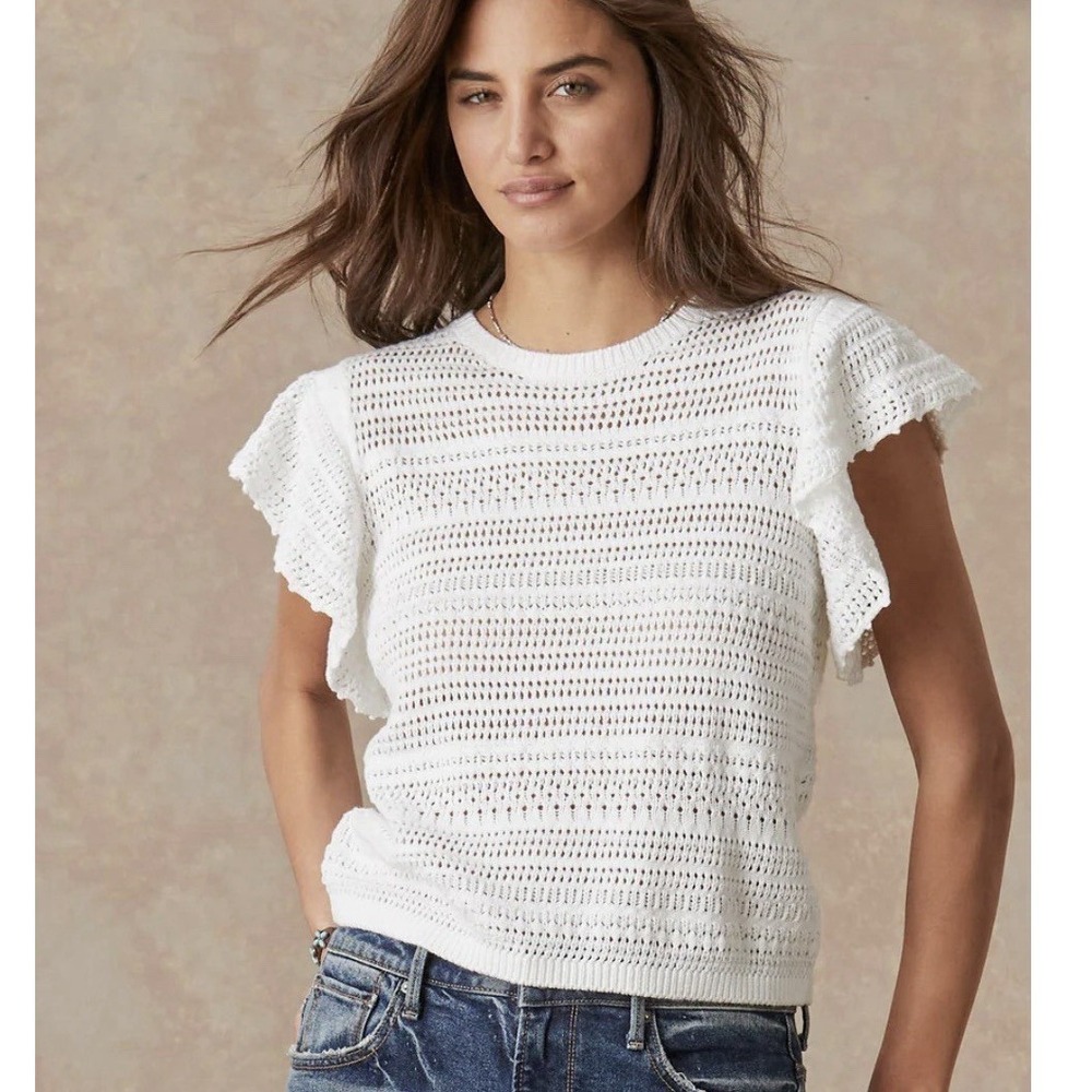Sundance White Knit Top Arun Breeze Women's Size Medium Ruffle Cap Sleeves NWT